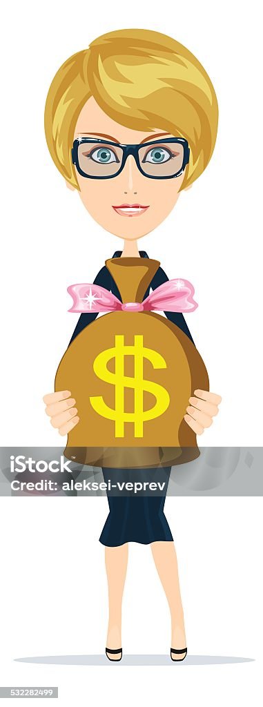 Successful businesswoman with a Bag of Dollar, Gold Cash. Vector Vector illustration of a successful wealthy smiling cartoon businesswoman or banker in eyeglasses with a bag of gold Cash Dollar coins. Stock Vector Illustration 2015 stock vector