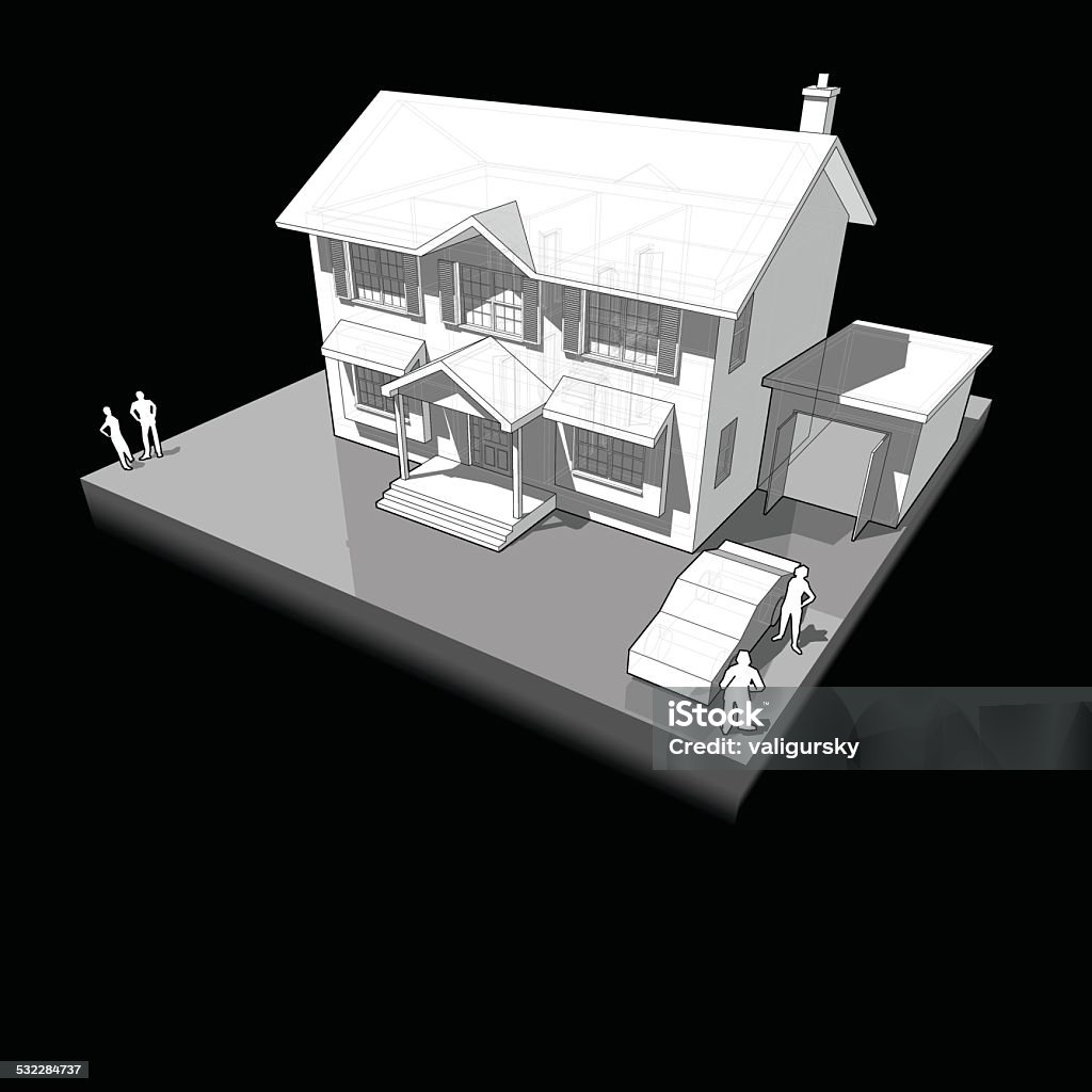 diagram of a classic colonial house with garage and car 2015 stock vector