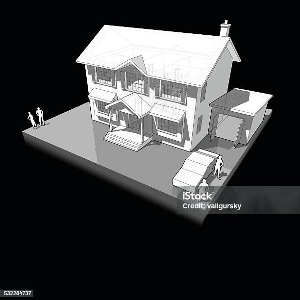 Diagram Of A Classic Colonial House With Garage And Car Stock Illustration - Download Image Now