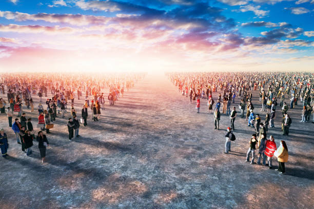 Opposing crowds of people.