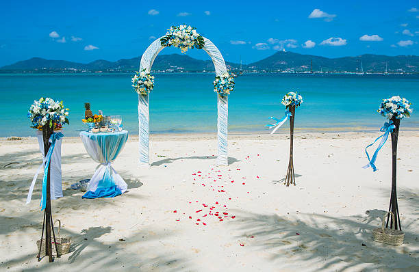 cérémonie de mariage sur la côte de l'océan sur la plage de la voûte plantaire - arc élément architectural photos et images de collection