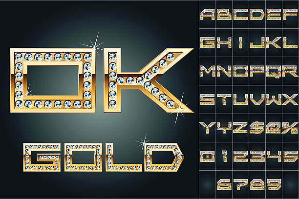 Golden alphabet with shining diamonds Scalable vector set of letters, numbers and symbols in techno style for digital artwork and typography gem jewelry gold glamour stock illustrations
