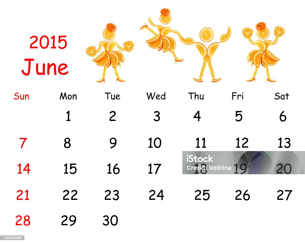 2015 Calendar. June. Little funny people from vegetables and fruits. 2015 Stock Photo