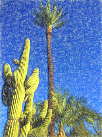 Original photographic Artwork of Palm Trees and a Saguaro Cactus Against Blue Sky