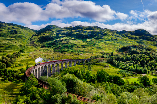 Steamtrain on the Glenfinnan Viaduct. This is the Viaduct that was used in the Harry Potter movies. 