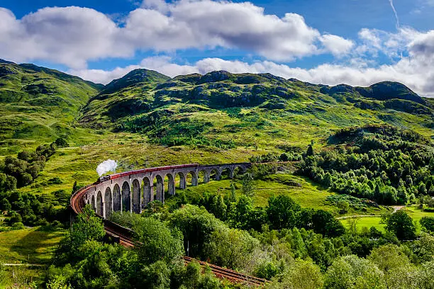 Steamtrain on the Glenfinnan Viaduct. This is the Viaduct that was used in the Harry Potter movies. 