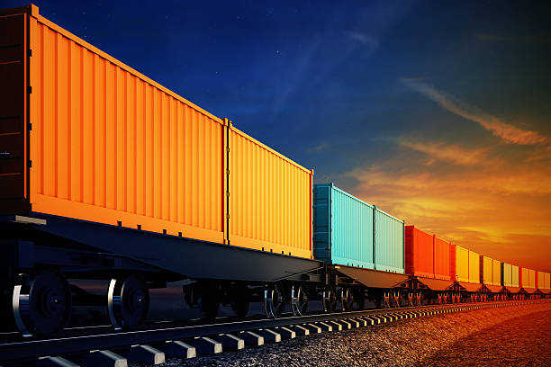 istock wagon of freight train with containers on the sky background 532305777