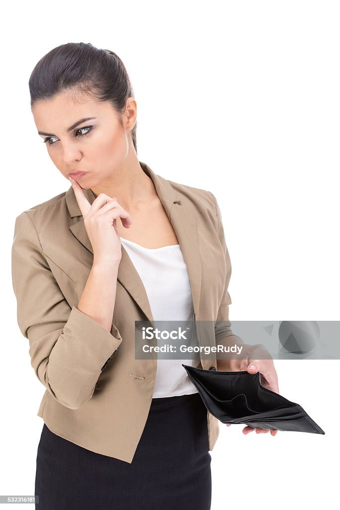Money Young woman is holding an empty wallet, isolated on white background. 2015 Stock Photo
