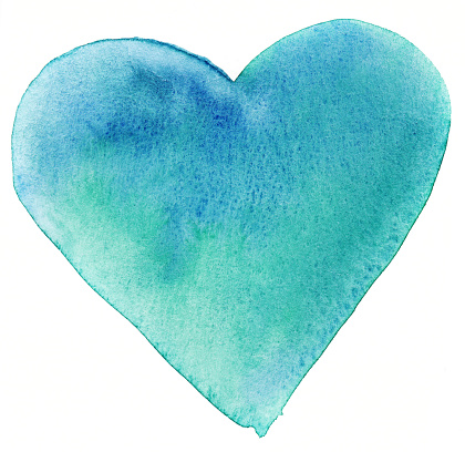 A blue green heart, hand painted with watercolors.