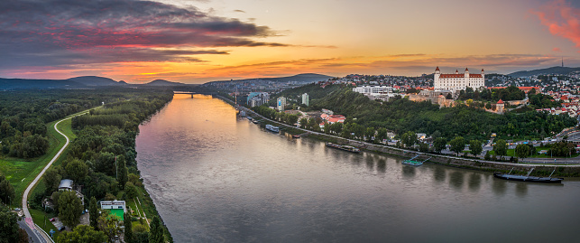 Castle of Bratislava on the Right Bank of Danube River at Sunset