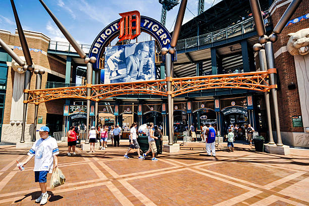 Comerica Park, Home of the Tigers in downtown Detroit MI Detroit, MI, USA - July 16, 2006: Comerica Park baseball park stadium on Woodward Ave in downtown Detroit Michigan comerica park photos stock pictures, royalty-free photos & images