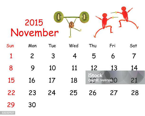 Calendar 2015 November Little Funny People From Vegetables And Fruits Stock Photo - Download Image Now
