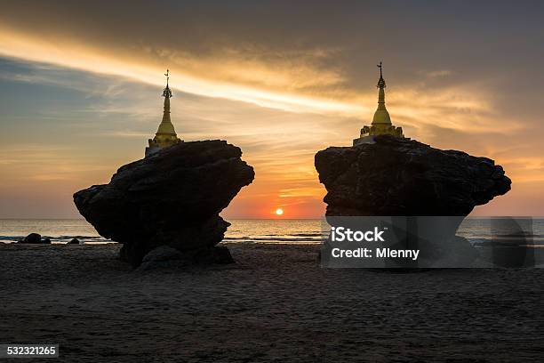 Myanmar Sunset Twin Pagoda Ngwe Saung Beach Burma Stock Photo - Download Image Now - Beach, Myanmar, Sunset