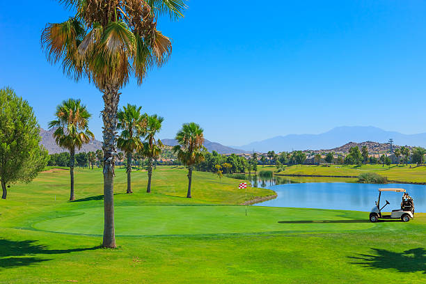 поле для гольфа в южной калифорнии, лужайка вокруг лунки, озеро, fairway - lawn desert golf california стоковые фото и изображения