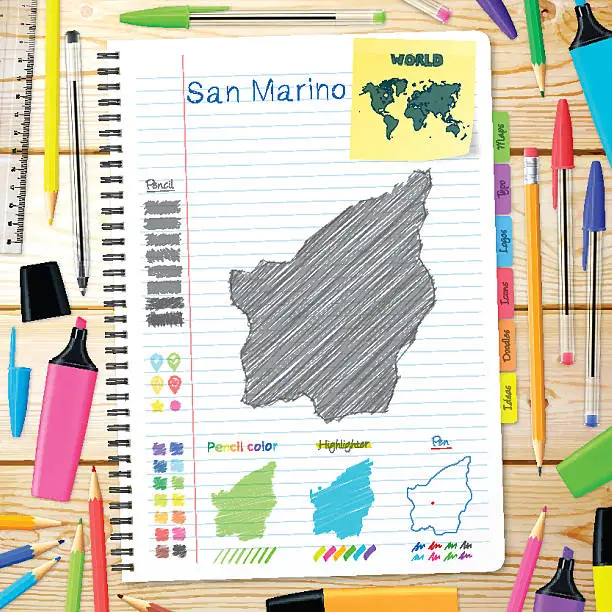 Vector illustration of San Marino maps hand drawn on notebook. Wooden Background