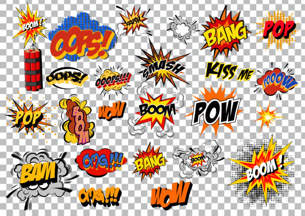 ilustrações, clipart, desenhos animados e ícones de retrô pop art de quadrinhos explosão dos desenhos animados conjunto. vector - blam