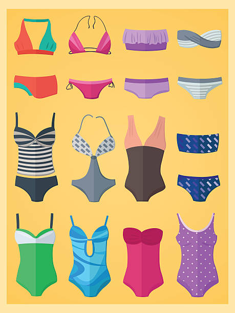 Swimwear made in flat design Set of swimwear made in flat design polka dot bathing suit stock illustrations
