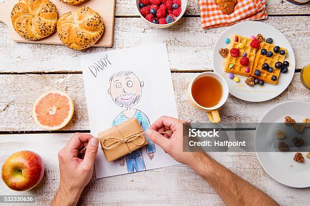 Childs Drawing Of Her Dad Fathers Day Breakfast Meal Stock Photo - Download Image Now
