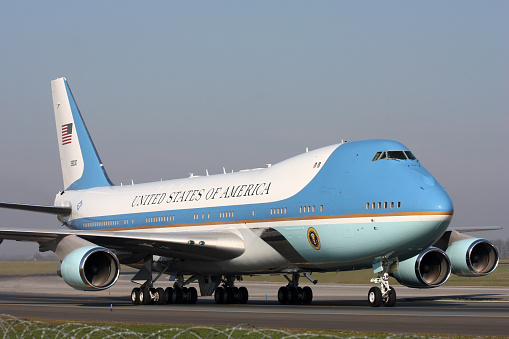 Prague, Czech Republic  - April 8, 2010: Air Force One taxis around PRG airport.