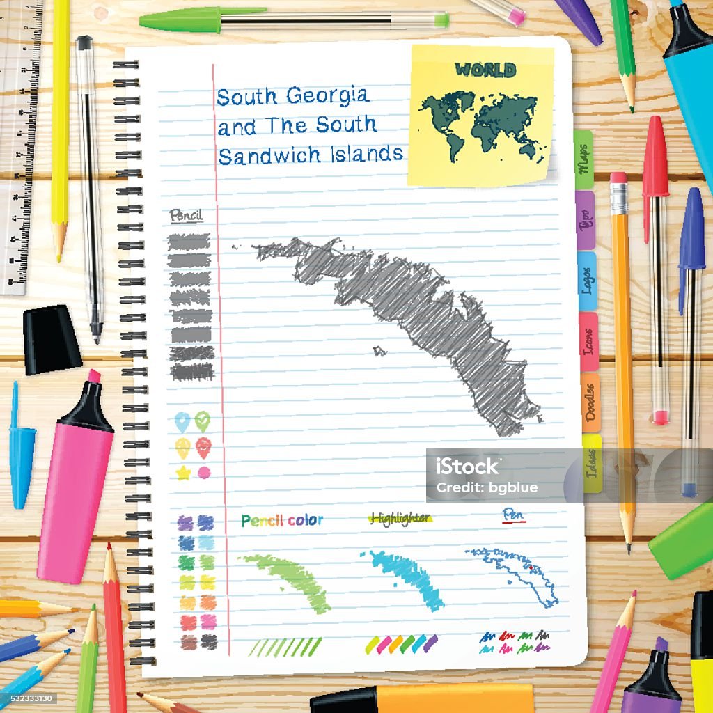 South Georgia and South Sandwich Islands maps drawn on notebook. Map of South Georgia and The South Sandwich Islands hand drawn on notebook. Top view of a wooden desk with office supplies, notebook, ruler, pencil color, pen, various pencil, ballpoint pen, highlighter, sticky note. Adhesive Note stock vector