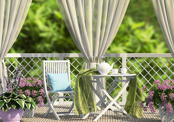 Terrace in the garden with curtains