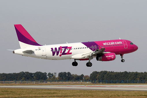 Prague, Czech Republic - October 5, 2013: Wizz Air Airbus A320-232 lands at PRG Airport.