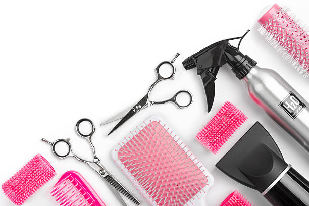 diferentes ferramentas de barbearia isolado num fundo branco com copyspace - hair care hairbrush hair dryer human hair imagens e fotografias de stock