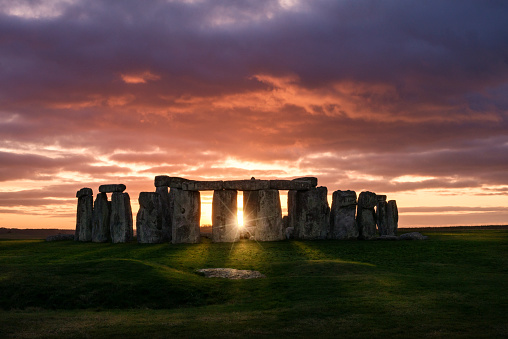 Summer  dawn at the ancient Stonehenge stone circle and  surrounding wildflower meadow
