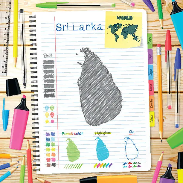 Vector illustration of Sri Lanka maps hand drawn on notebook. Wooden Background