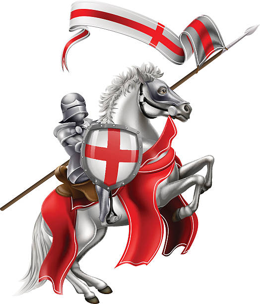 ilustraciones, imágenes clip art, dibujos animados e iconos de stock de san jorge de inglaterra caballero a caballo - medieval knight helmet suit of armor