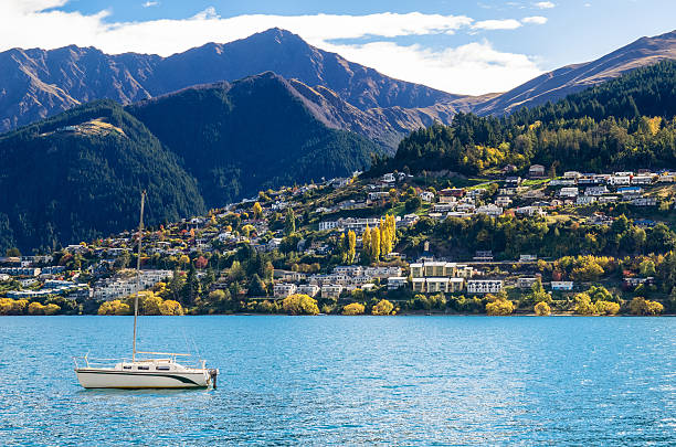 Lake Wakatipu in Queenstown, New Zealand. stock photo