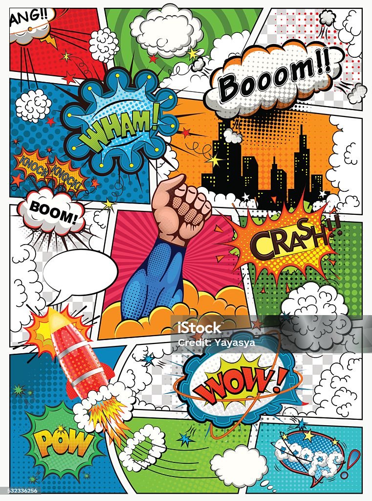 Comic book page divided by lines. Retro background mock-up. Comic book page divided by lines with speech bubbles, rocket, superhero and sounds effect. Retro background mock-up. Comics template. Vector illustration Comic Book stock vector