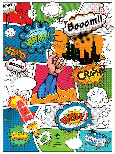 Comic book page divided by lines. Retro background mock-up. Comic book page divided by lines with speech bubbles, rocket, superhero and sounds effect. Retro background mock-up. Comics template. Vector illustration rocketship patterns stock illustrations
