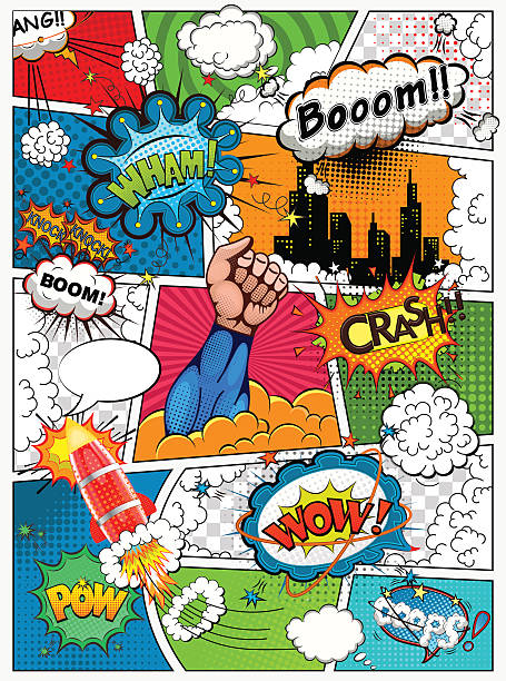 Comic book page divided by lines. Retro background mock-up. Comic book page divided by lines with speech bubbles, rocket, superhero and sounds effect. Retro background mock-up. Comics template. Vector illustration rocket template stock illustrations