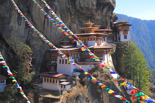 Tiger's Nest, Taktsang Monastery, Himalayan Buddhist sacred site and temple complex, located in the cliffside of the upper Paro valley, in Bhutan.