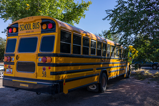 Bluff, Utah, United States - October 16, 2014: School bus in Bluff. Bluff is a small town with about 300 residents. It was founded by Mormons in 1880. Bluff. Utah. United States.