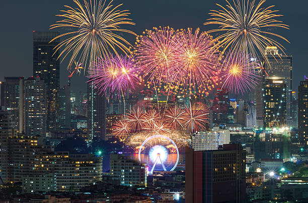 istock bangkok cityscape river view with Fireworks at night scene 532339720