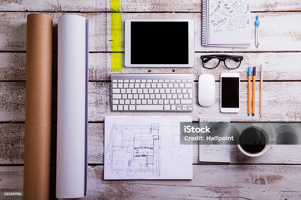 Desk Gadgets And Office Supplies Flat Lay Wooden Background Stock Photo -  Download Image Now - iStock