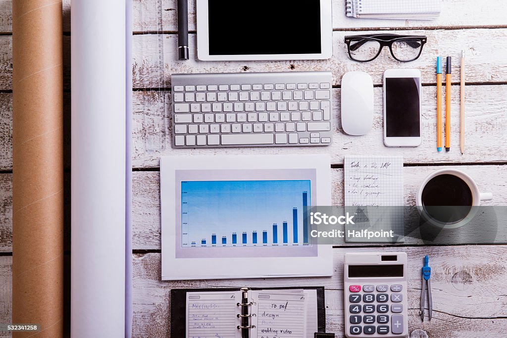 Desk Gadgets And Office Supplies Flat Lay Wooden Background Stock Photo -  Download Image Now - iStock