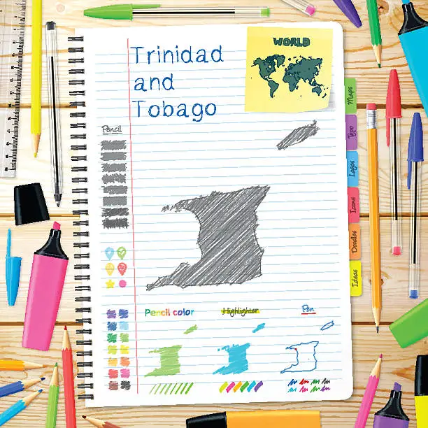 Vector illustration of Trinidad and Tobago maps hand drawn on notebook. Wooden Background