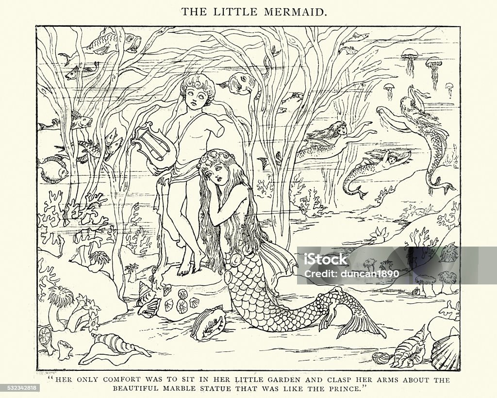 The Little Mermaid Vintage engraving of a scene from the The Little Mermaid. A fairy tale by the Danish author Hans Christian Andersen about a young mermaid willing to give up her life in the sea and her identity as a mermaid to gain a human soul. Little Mermaid Statue stock illustration