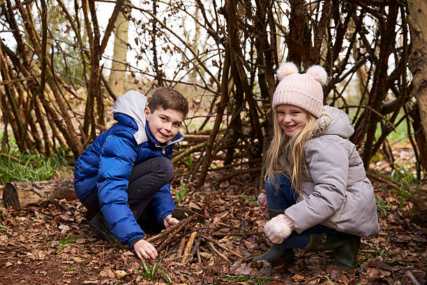 istock Brother and sister building a campfire, looking to camera 532344194