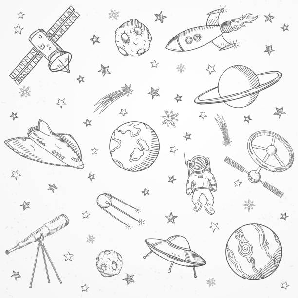handgezeichnet ein satz von astronomie kritzeleien. - solar collector illustrations stock-grafiken, -clipart, -cartoons und -symbole
