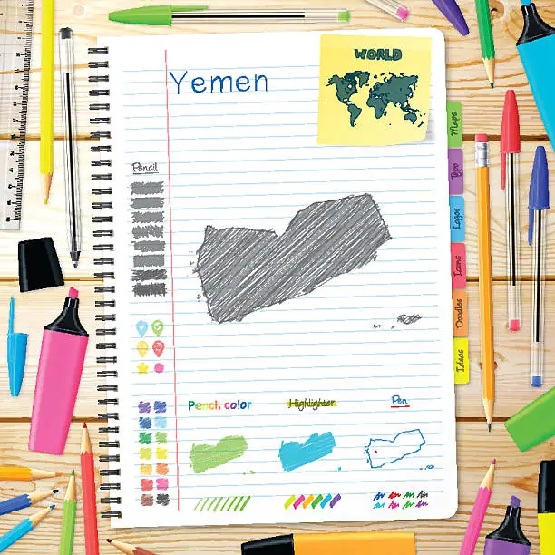 Vector illustration of Yemen maps hand drawn on notebook. Wooden Background