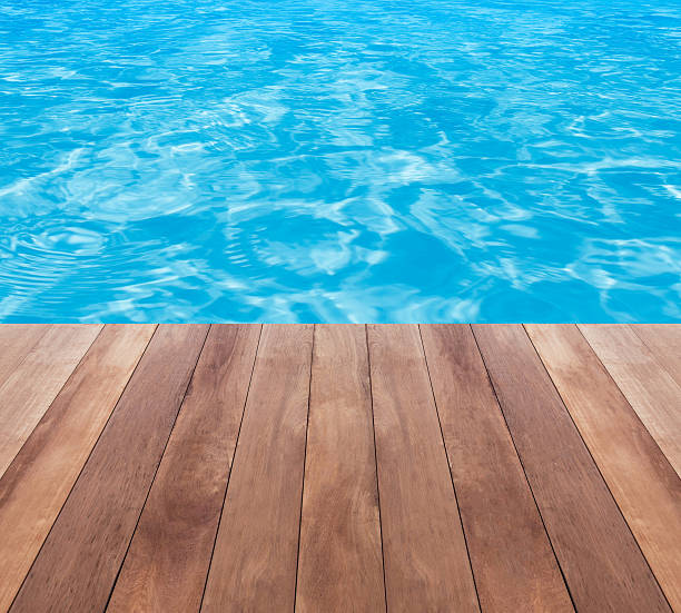 istock Water in swimming pool and wood plank 532351208