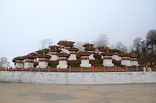 108 Stupa on Dochula Pass, the highest point of highway to Punakha from Thimphu, Bhutan. The Stupa is known as the Druk Wangyal Chortens.
