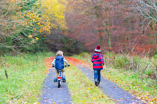 Two little kids boys, best friends in autumn forest with bike. Active siblings, children playing and having fun together.