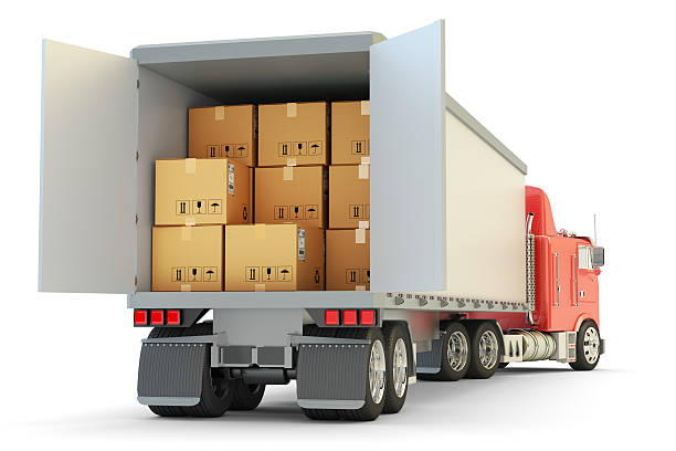 Freight transportation, packages shipment and shipping goods concept Cargo loading and unloading operations, delivery truck full of cardboard boxes isolated on white cargo container container open shipping stock pictures, royalty-free photos & images