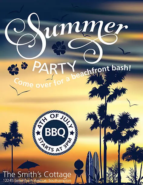 Vector illustration of Summer Beach Party Invitation With Palm Trees And Sunset
