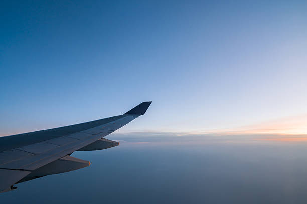 istock Airplane wing on the dawn sky background 532352816